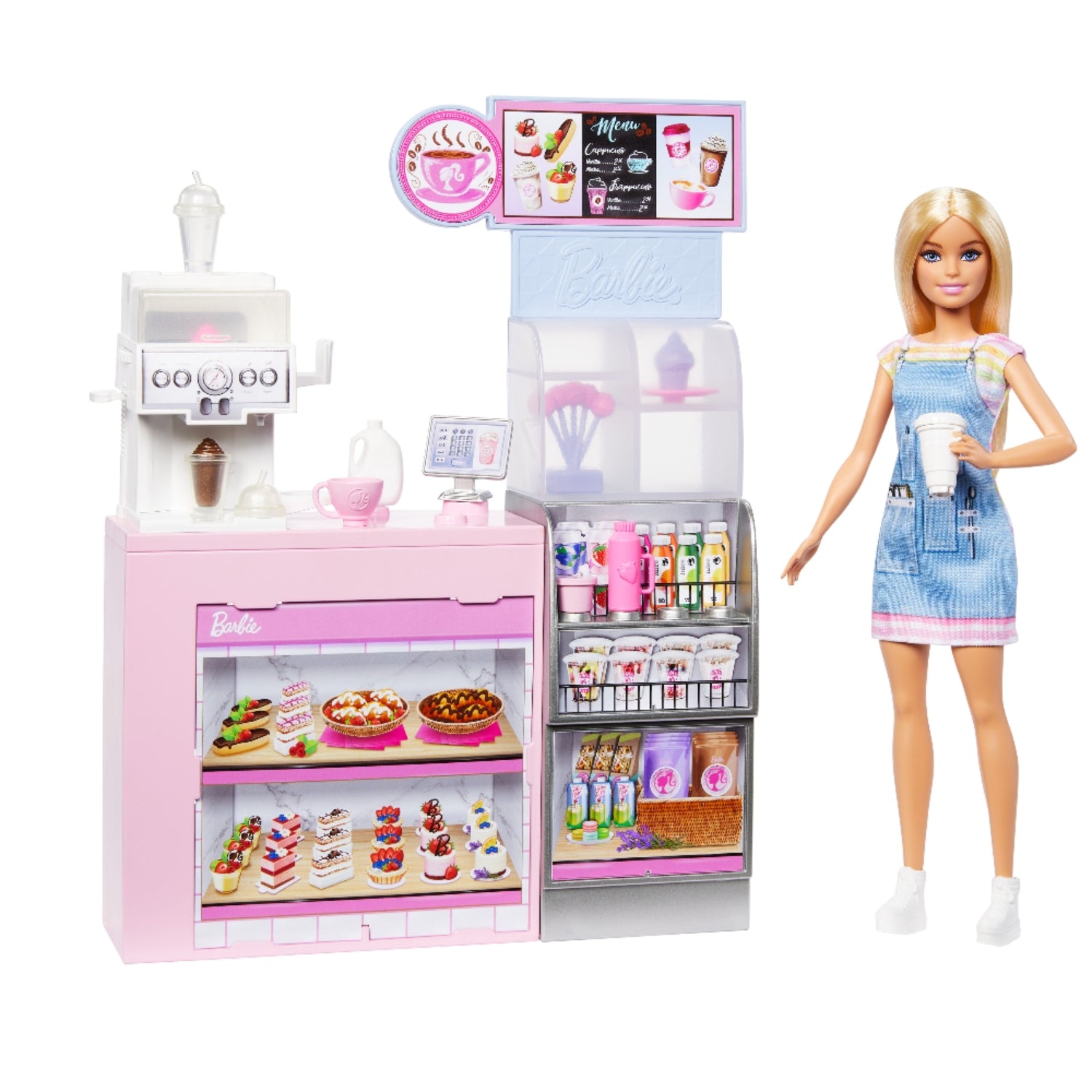 Muñeca Barbie con heladería rosa y pasteles coloridos, vista frontal